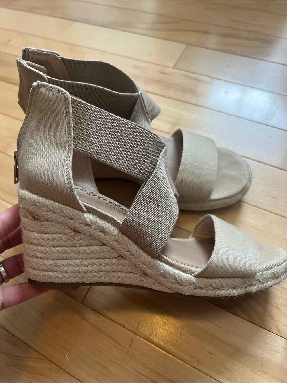Life Stride Taupe Linen Bow Espadrille Wedge Sandals